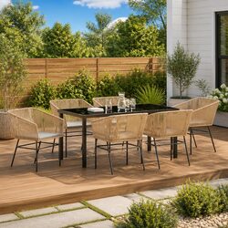 Garden Dining Set 7-Piece Outdoor Furniture Steel Frame Tempered Glass Top