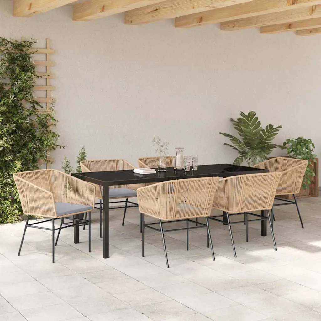 Garden Dining Set 7 Piece Outdoor Furniture Rectangular Table with Tempered Glass Top Steel Frame Brown