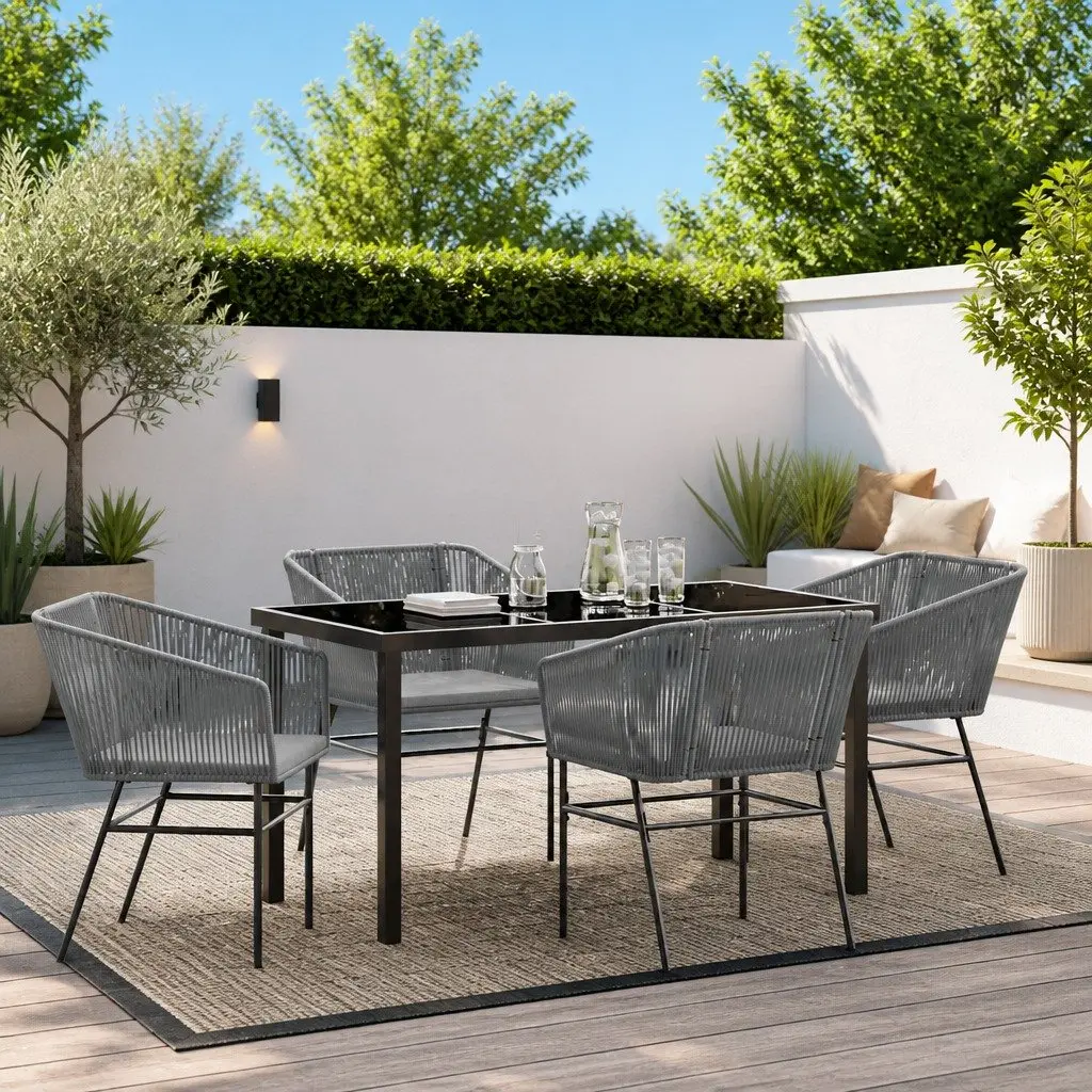 Garden Dining Set 5 Piece Modern Outdoor Furniture Rectangular Table with Tempered Glass Top Grey Steel and Cushions