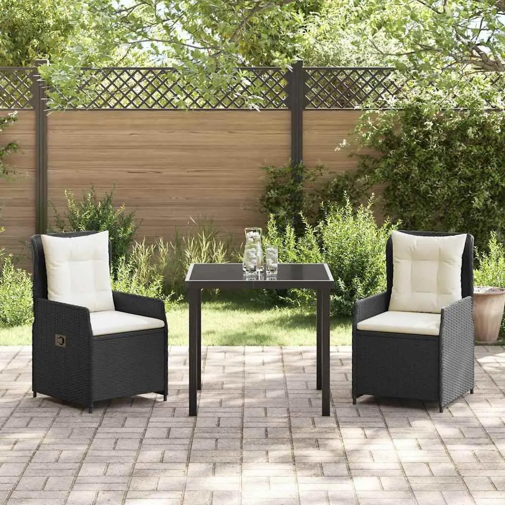 Garden Dining Set 3 Piece Adjustable Backrest Black Poly Rattan Outdoor Furniture
