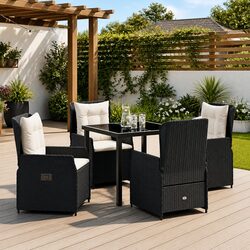 Outdoor Dining Set 5 Pieces Black Poly Rattan Garden Furniture Table Chairs