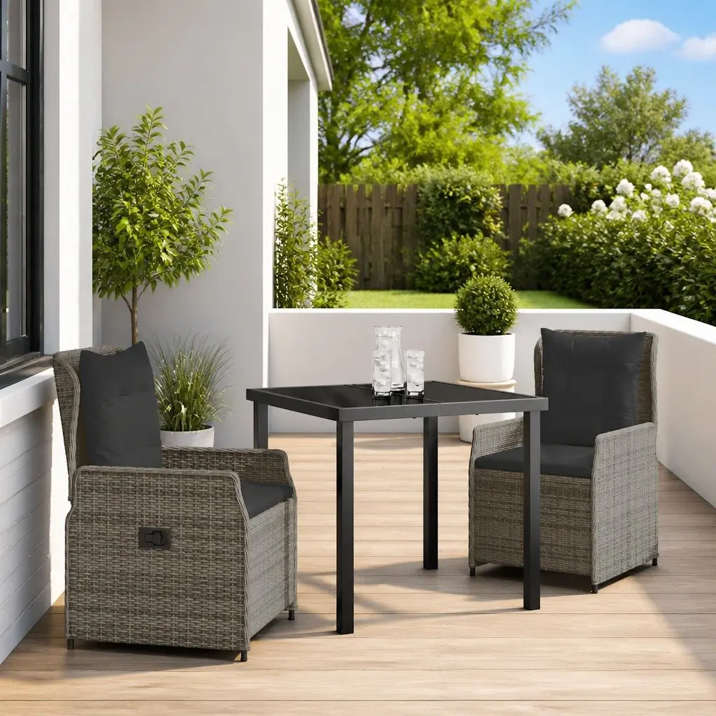 Garden Dining Set 3 Piece Grey Outdoor Patio Furniture Rattan Table Chairs