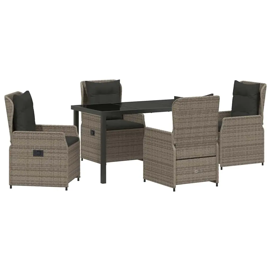 Garden Dining Set 5 Piece Grey Poly Rattan Table with Tempered Glass Top and Adjustable Backrest Chairs