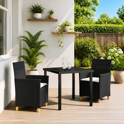 Garden Dining Set 3 Pieces Black Outdoor Furniture Table Chairs Rattan Steel
