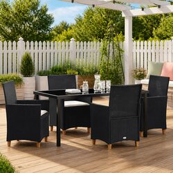 Garden Dining Set 5 Pieces Black Poly Rattan Outdoor Furniture with Glass Table