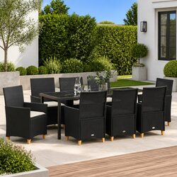 Garden Dining Set 9 Piece Outdoor Furniture Black Poly Rattan Steel Glass Top