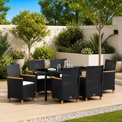 Outdoor Garden Dining Set 7 Piece Black Poly Rattan Steel Frame Patio Furniture