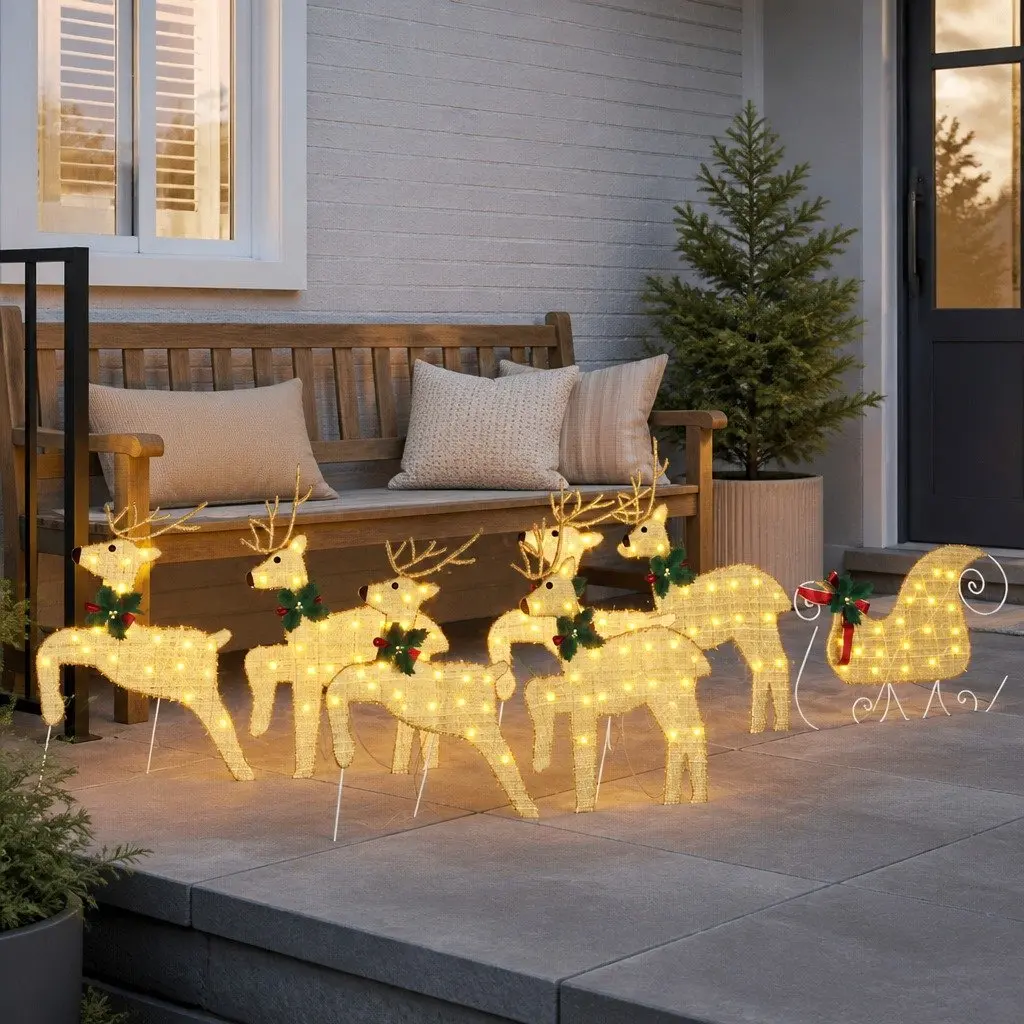 LED Reindeer Decorations 7 Pieces Gold Fabric Art Deco Christmas Holiday