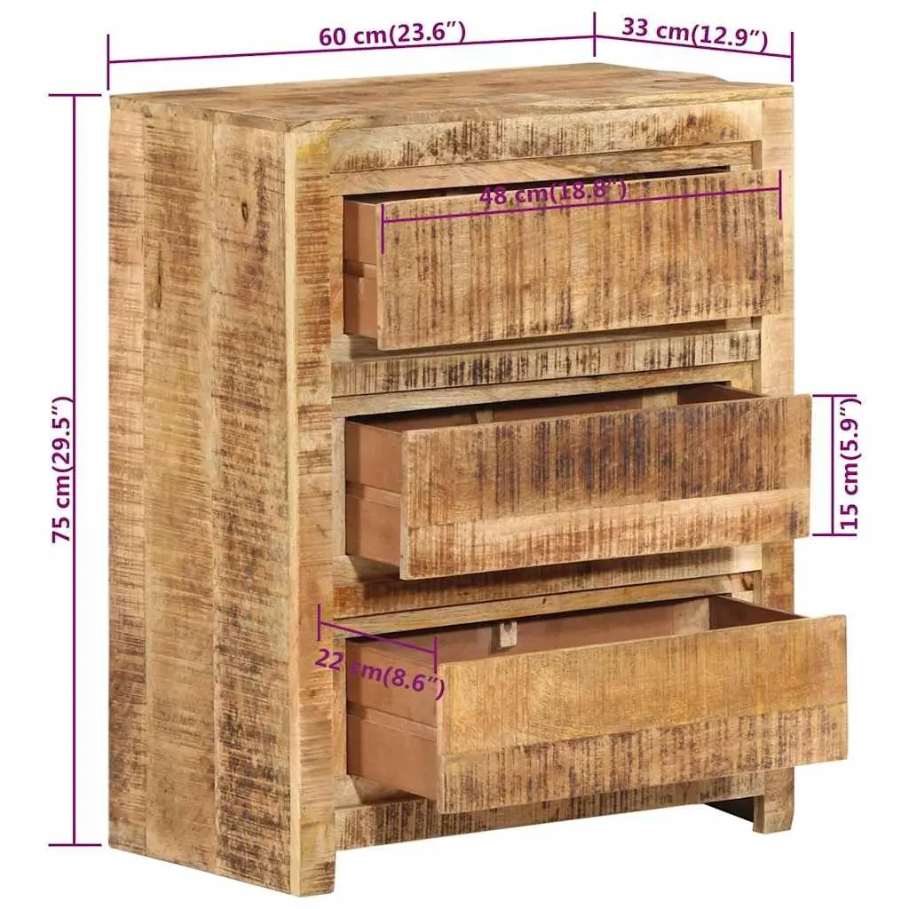 Drawer Cabinet Solid Wood Mango Brown 60x33x75 cm 3 Drawers Storage Chest