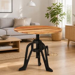 Adjustable Side End Table 60cm Solid Wood Acacia Cast Iron Living Room Accent