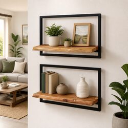Wall Shelves Wooden Floating 2 pcs Brown Acacia Shelf Storage Display Home