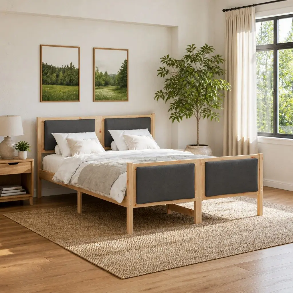 Bed Frame with Headboard Solid Pine Wood 150 x 200 cm Polyester Upholstered Brown