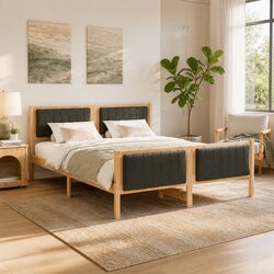 Solid Pine Wood Platform Bed Frame 150x200cm Brown Dark Grey Headboard Footboard