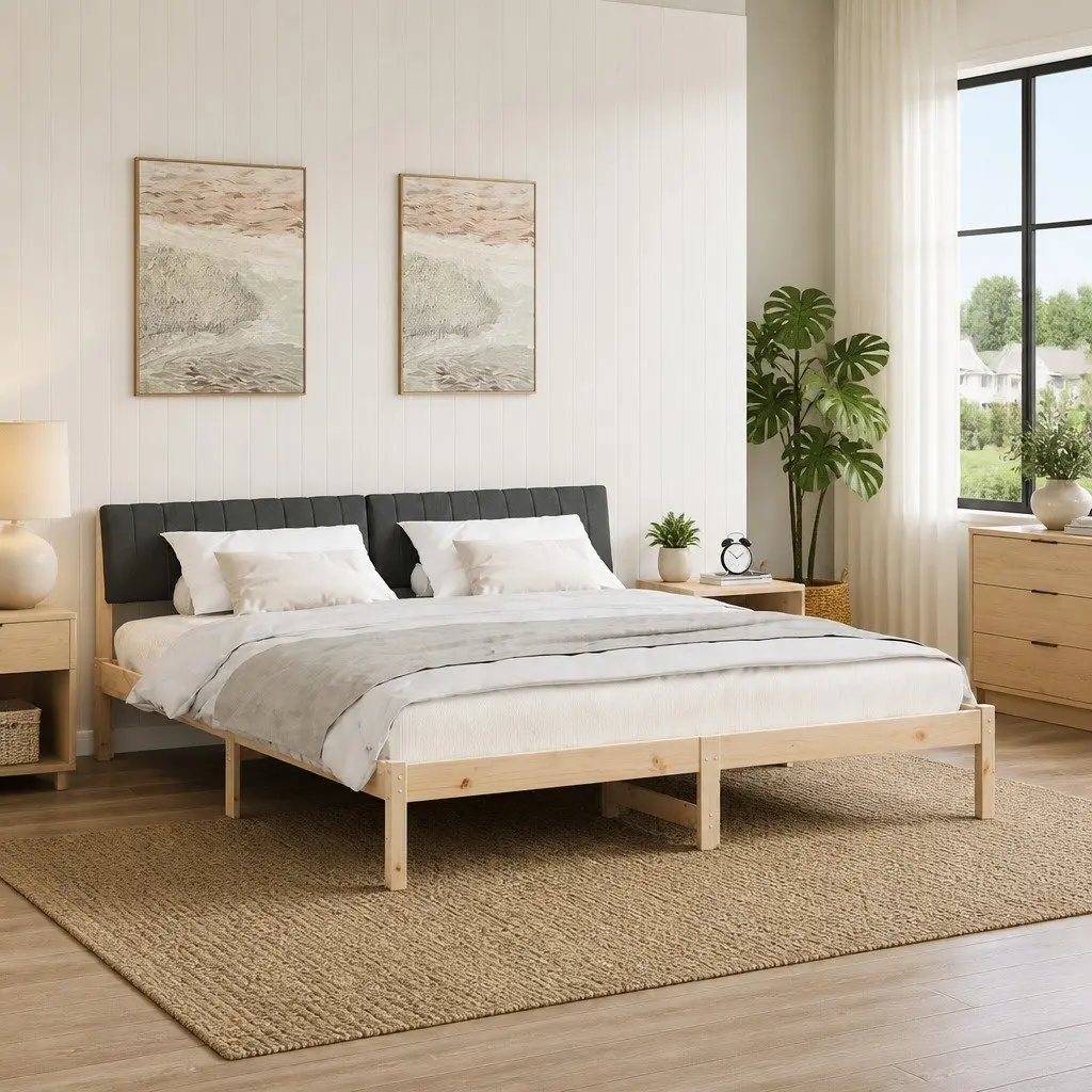Bed Frame Solid Pine Wood 180 x 200 cm Brown Dark Grey Headboard