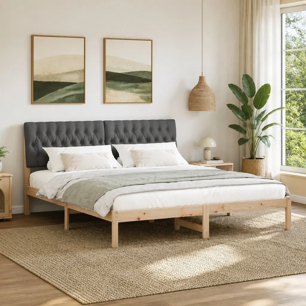Bed Frame Brown Upholstered Wall-Mounted Headboard Platform Slatted Base 180 x 200 cm