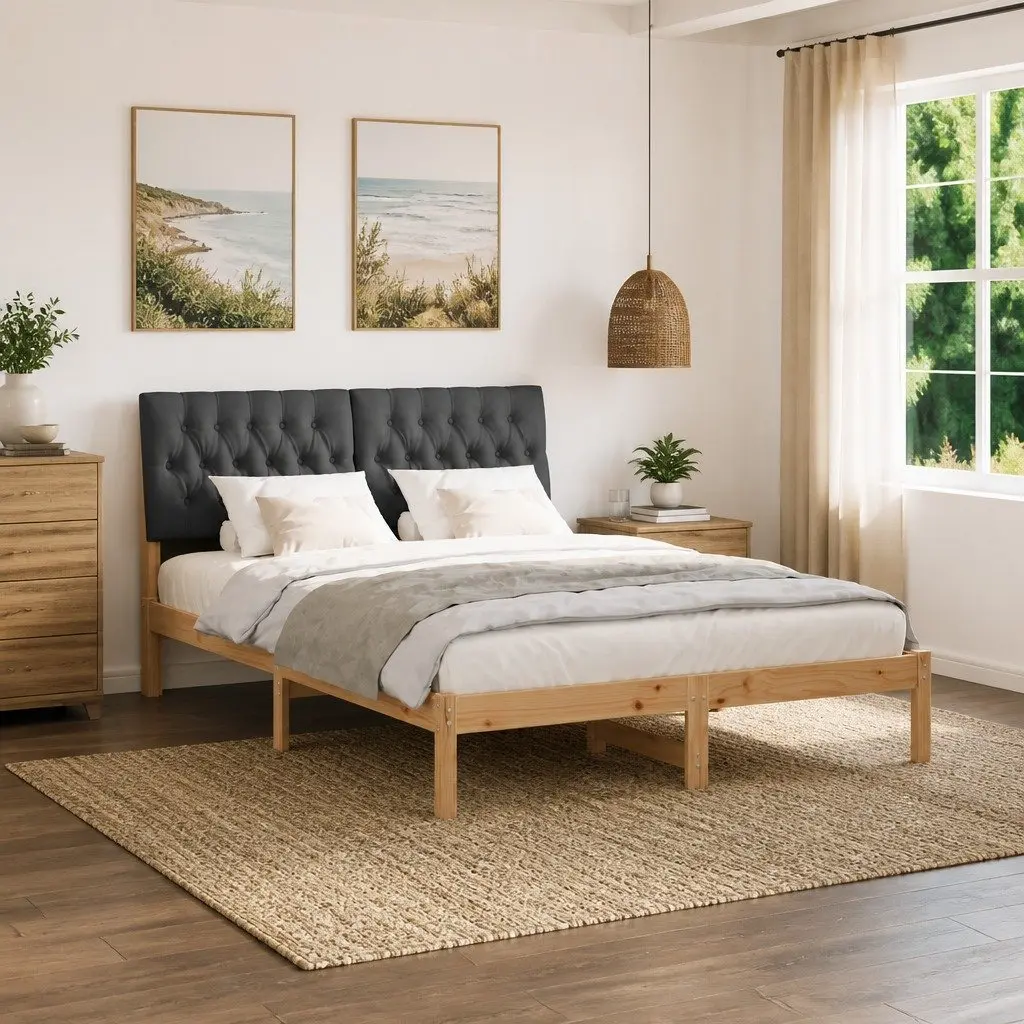 Bed Frame Platform Slatted Base Upholstered Headboard Brown 150 x 200 cm