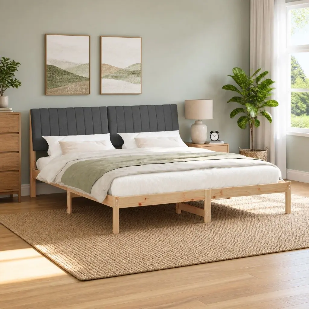 Bed Frame Solid Pine Wood Platform Slatted Upholstered Headboard Brown 180 x 200 cm