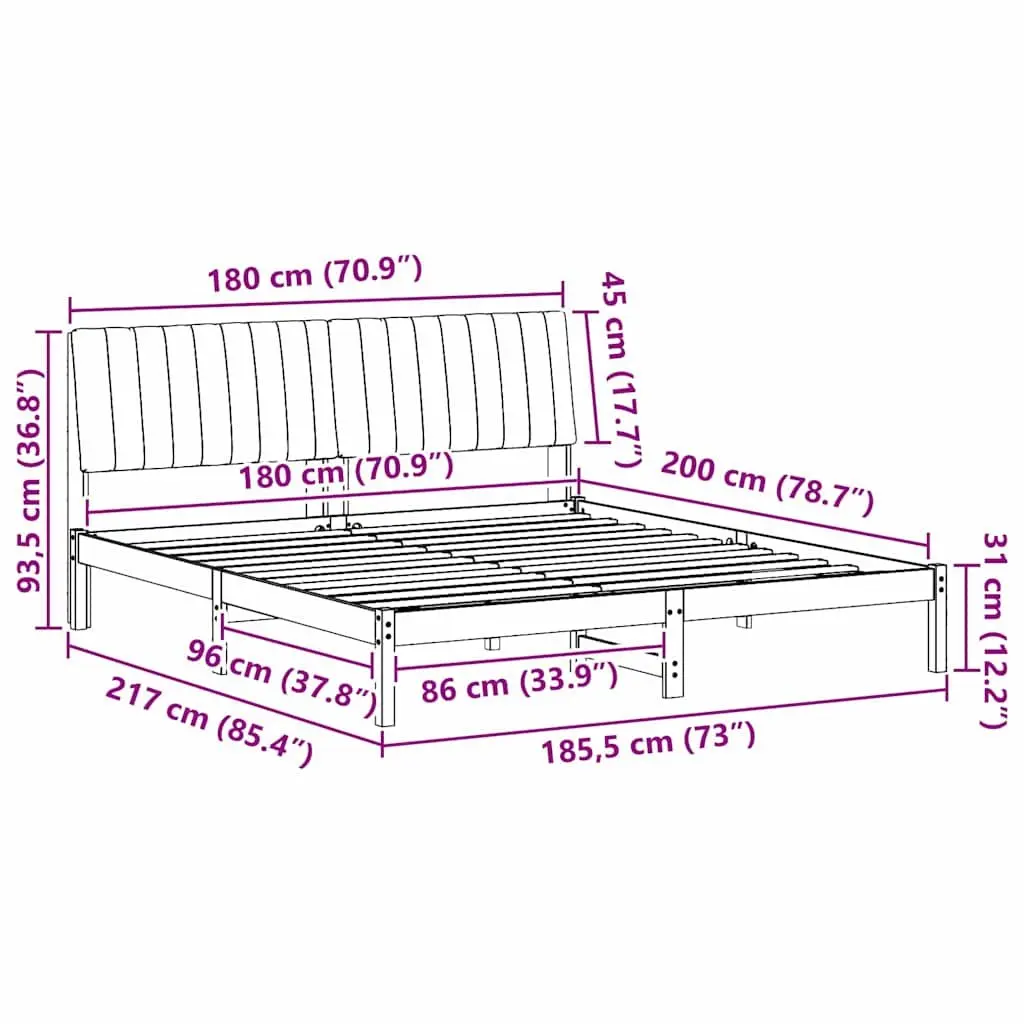 Bed Frame Solid Pine Wood Platform Slatted Upholstered Headboard Brown 180 x 200 cm