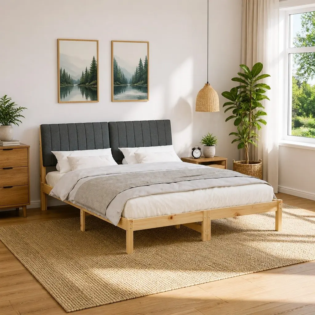 Bed Frame Solid Pine Wood Upholstered Headboard Brown 150 x 200 cm