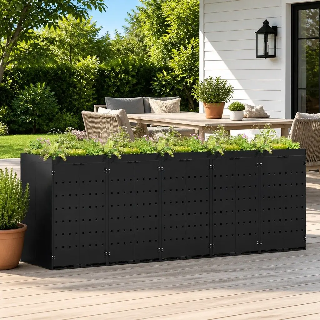 Wheelie Bin Storage Outdoor Garden Waste Conceal and Organize 340 x 77.5 x 121.5 cm Black Powder-coated Steel