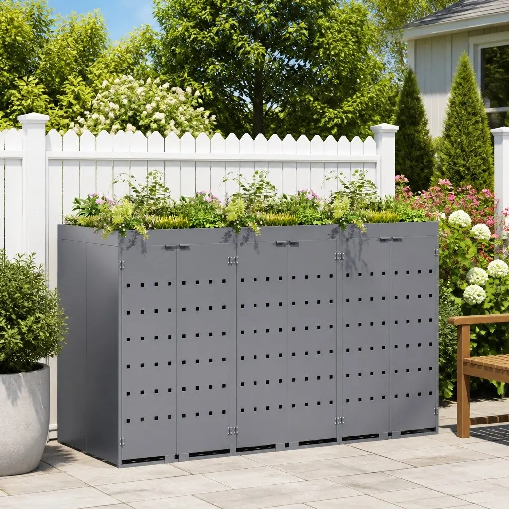 Wheelie Bin Storage Light Grey Powder-coated Steel Outdoor Garden Waste Container for 3 Bins