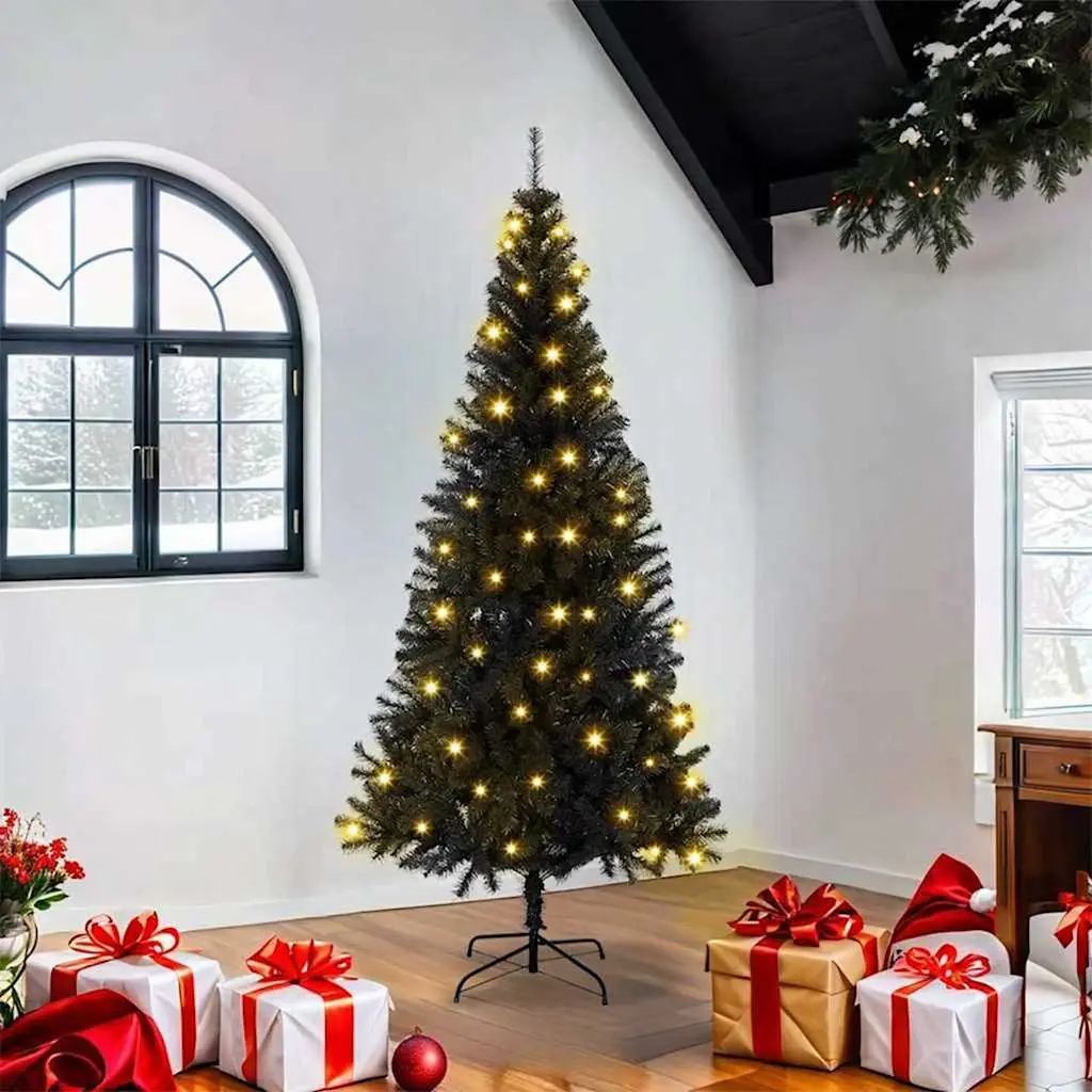 180cm Black Artificial Christmas Tree 300 LED Lights Stand Modern Holiday Decor