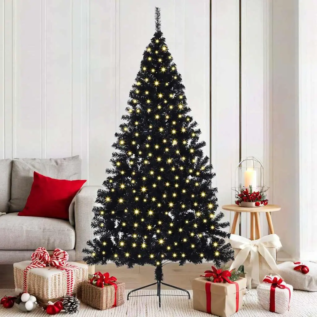 Artificial Pre-lit Christmas Tree Black 180cm LED Lights Cone Shape Indoor