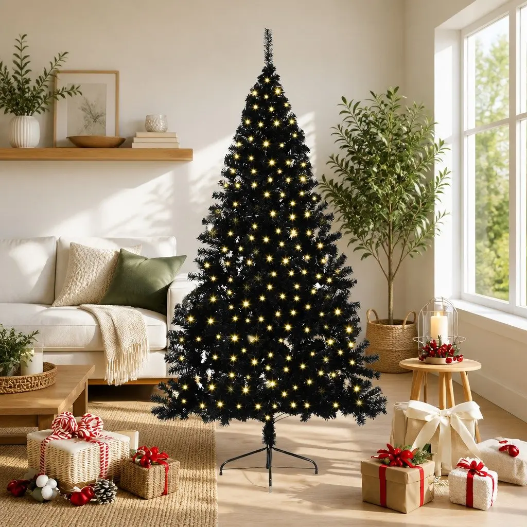 Artificial Christmas Tree Pre-lit 210cm Cone Shape Black with Warm White LED Lights