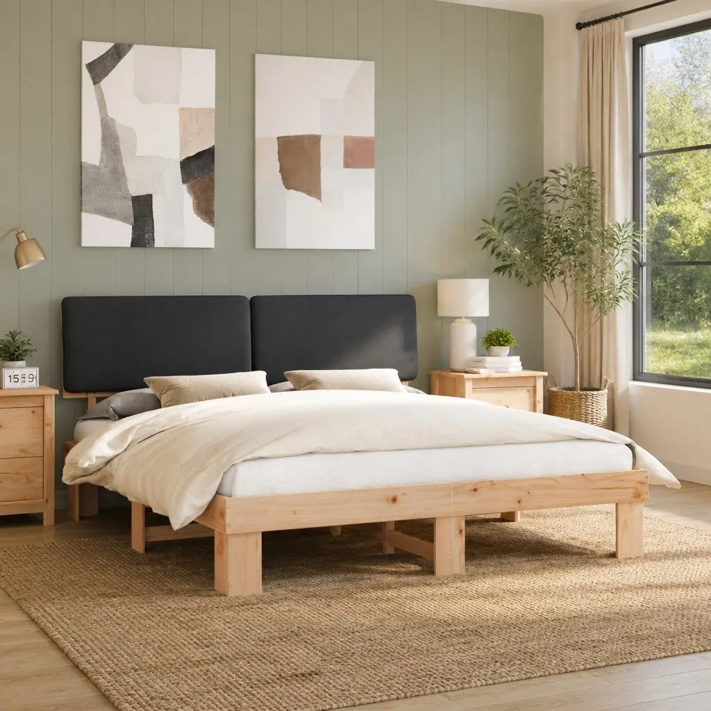 Bed Frame Upholstered Headboard 180x200cm Grey Solid Pine Wood Platform Slatted Base