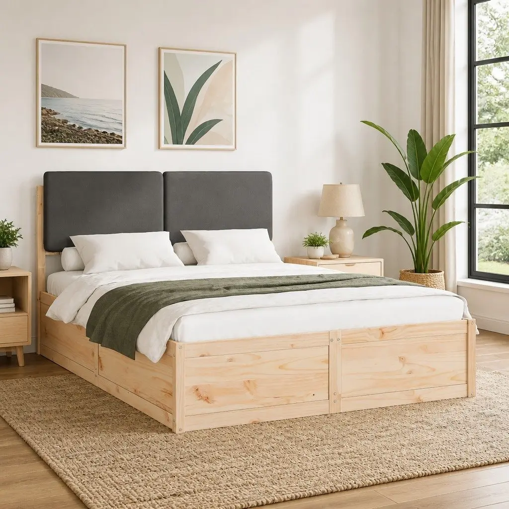Bed Frame Upholstered Headboard Grey 150 x 200 cm Wooden Platform Slats