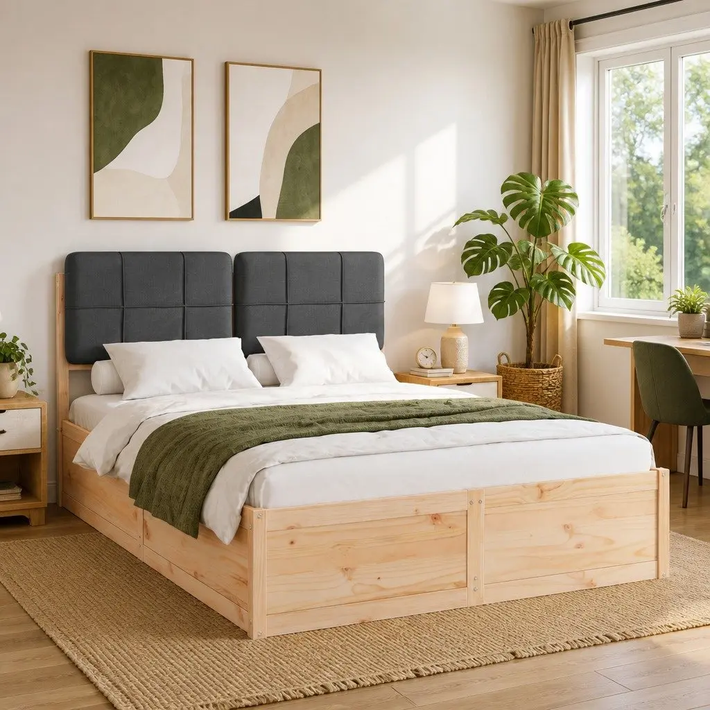 Bed Frame Upholstered Headboard Grey 150 x 200 cm Modern Wooden Platform