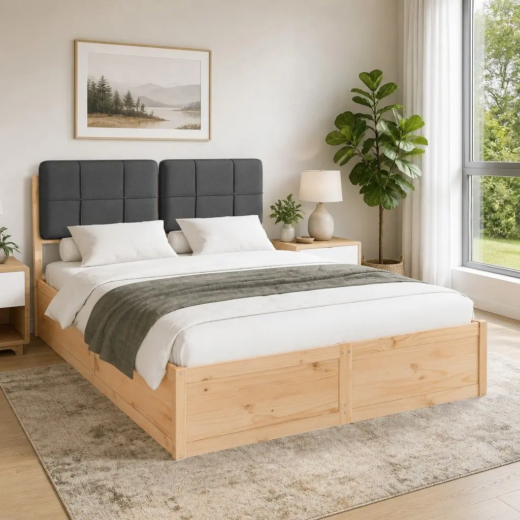 Bed Frame Modern Wooden Platform Upholstered Headboard Grey 135 x 190 cm