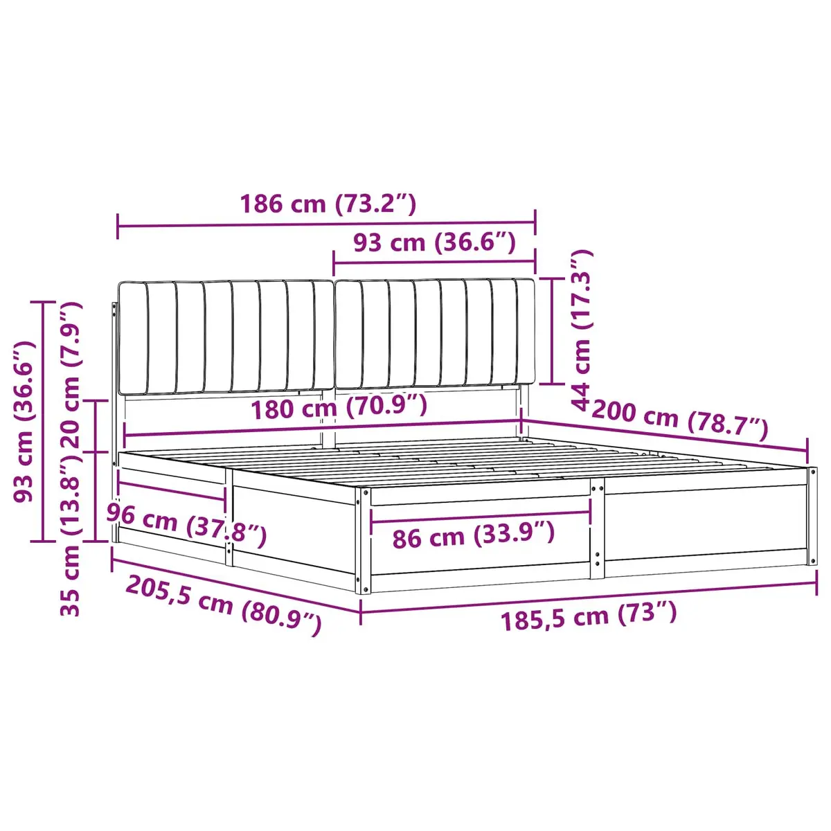 Bed Frame Upholstered Headboard Dark Grey 180 x 200 cm Solid Pine Wood