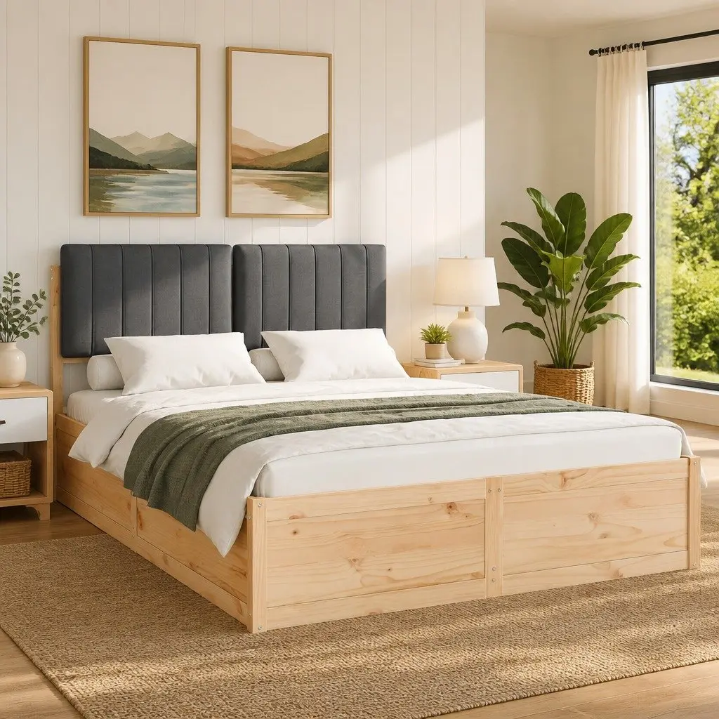 Bed Frame Upholstered Headboard Grey 135 x 190 cm Solid Pine Wood Platform Slatted Base