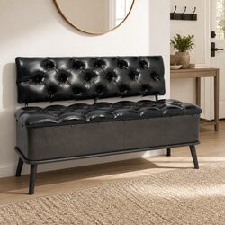 Storage Bench with Backrest 110cm Black Faux Leather Foam Padded Seat Hallway