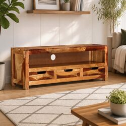 Solid Wood TV Cabinet 110cm Brown Acacia Entertainment Unit with Storage Drawers