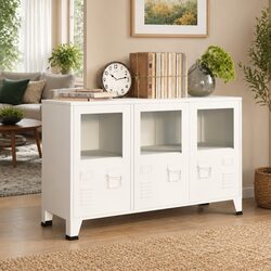 Industrial Sideboard White Storage Cabinet Glass Door Metal Frame Shelving Unit