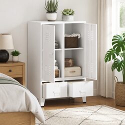 Industrial Wardrobe Storage Cabinet White 2 Drawers 2 Shelves Ventilation Holes