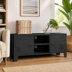 Industrial TV Cabinet Black Metal Storage Unit with Doors Shelves and Cable