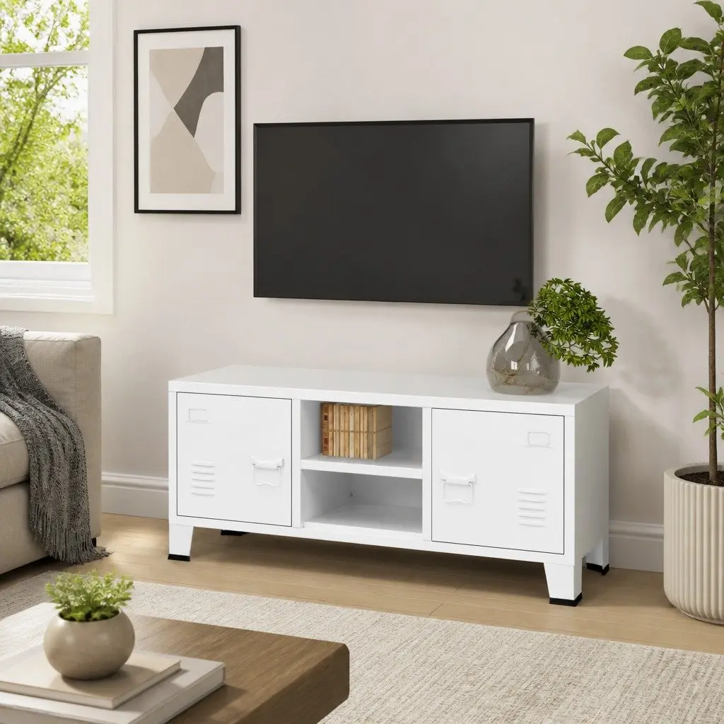 Industrial TV Cabinet Metal Storage Unit White with Doors and Shelf