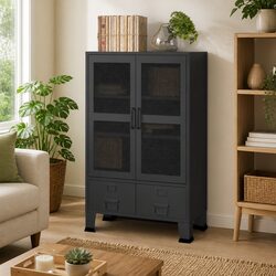 Industrial Storage Chest Metal 2 Drawers 2 Shelves Mesh Doors Anthracite