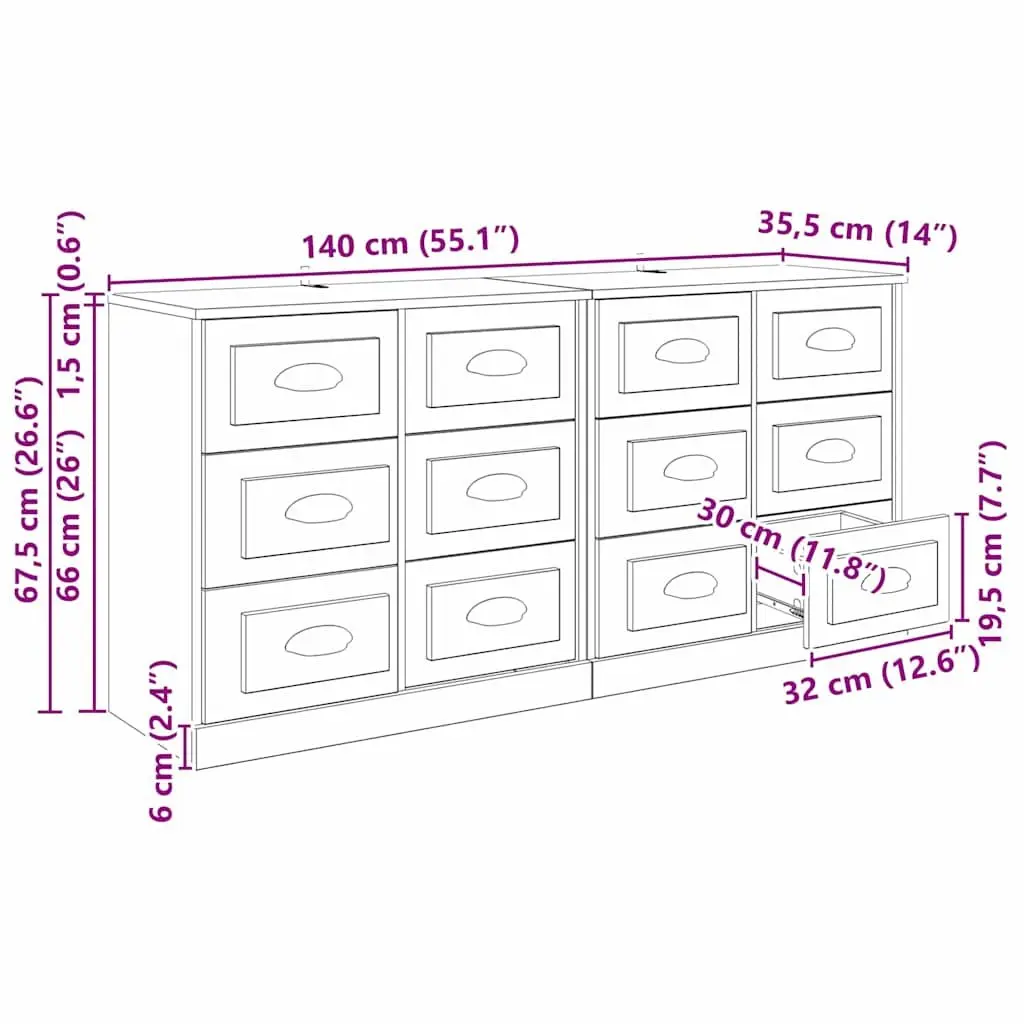 Black Engineered Wood Sideboards Set 2 pcs Modern Storage Cabinet 70 x 35.5 x 67.5 cm Matte Finish