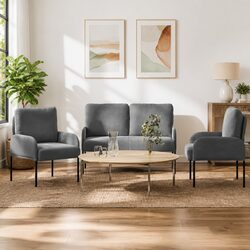 3-Piece Modern Sofa Set with Cushions Grey Polyester Living Room Furniture