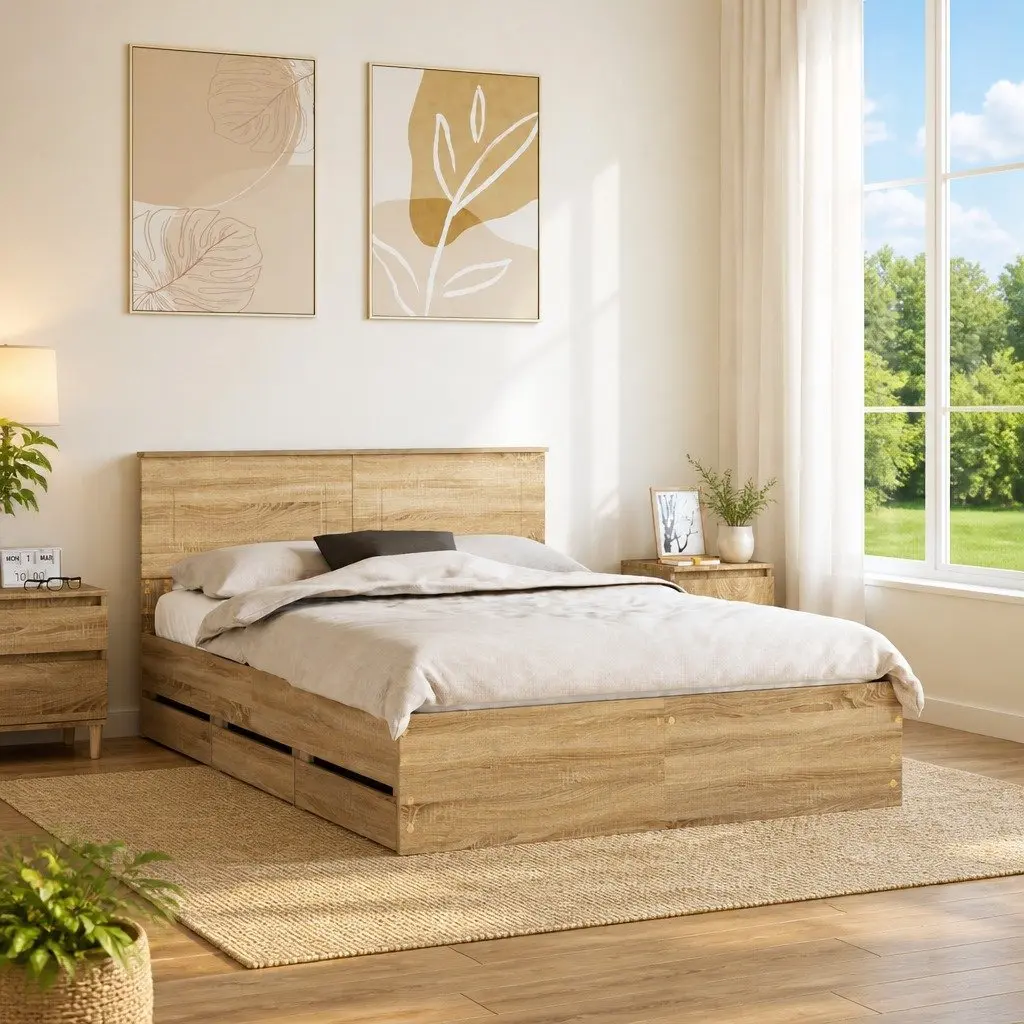 Bed Frame with Storage Drawer Engineered Wood Modern Minimalist 150x200cm Brown