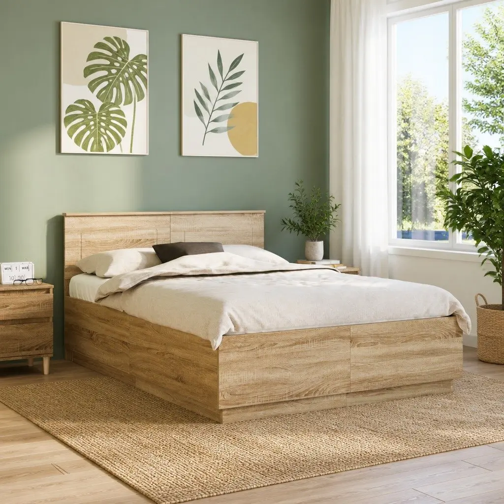Bed Frame Adjustable Headboard 150x200cm Brown Engineered Wood LED Lights USB