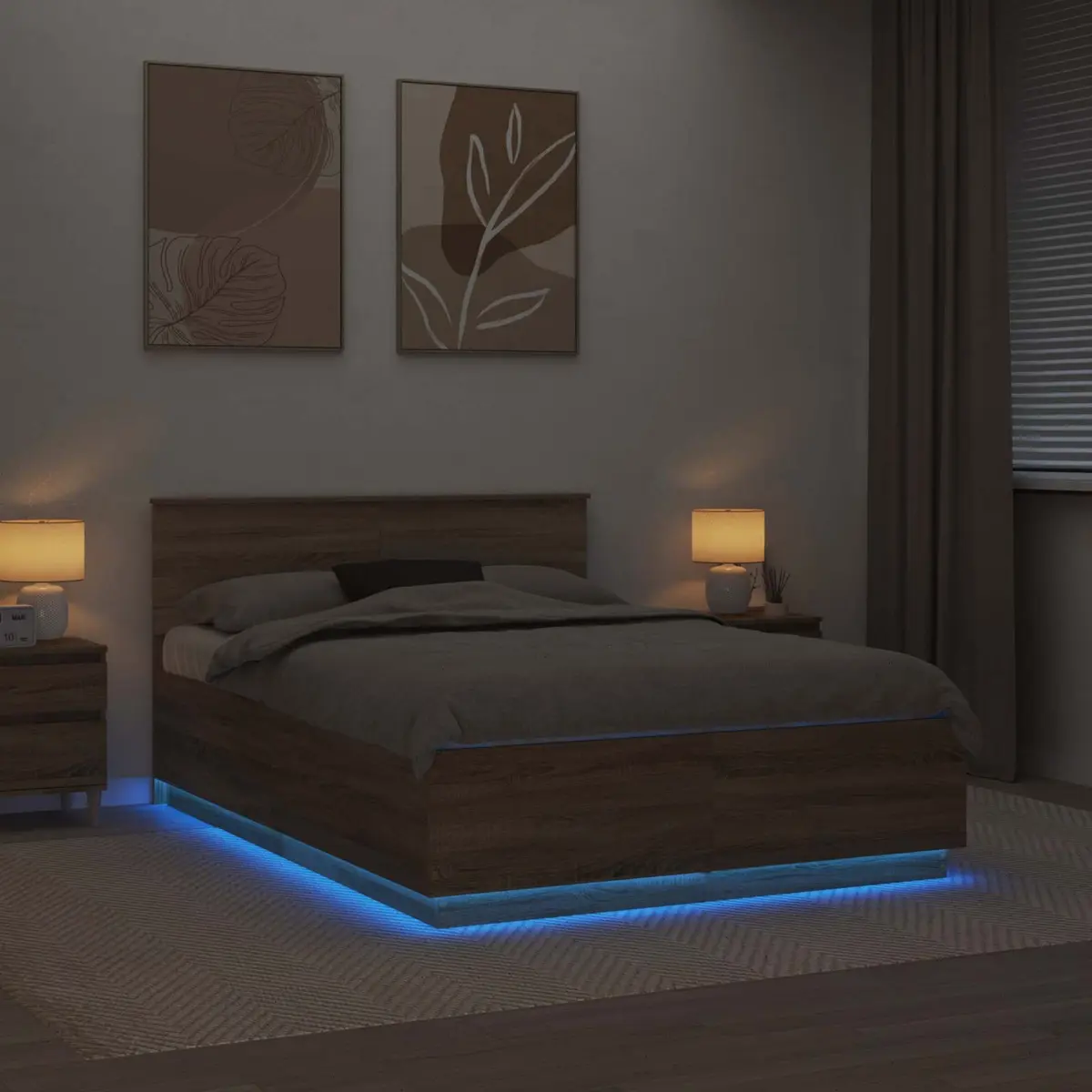 Bed Frame Adjustable Headboard 150x200cm Brown Engineered Wood LED Lights USB