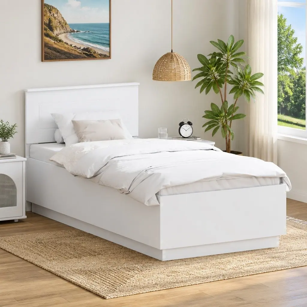 Bed Frame with Adjustable Headboard 90 x 190 cm White Engineered Wood LED Lights USB