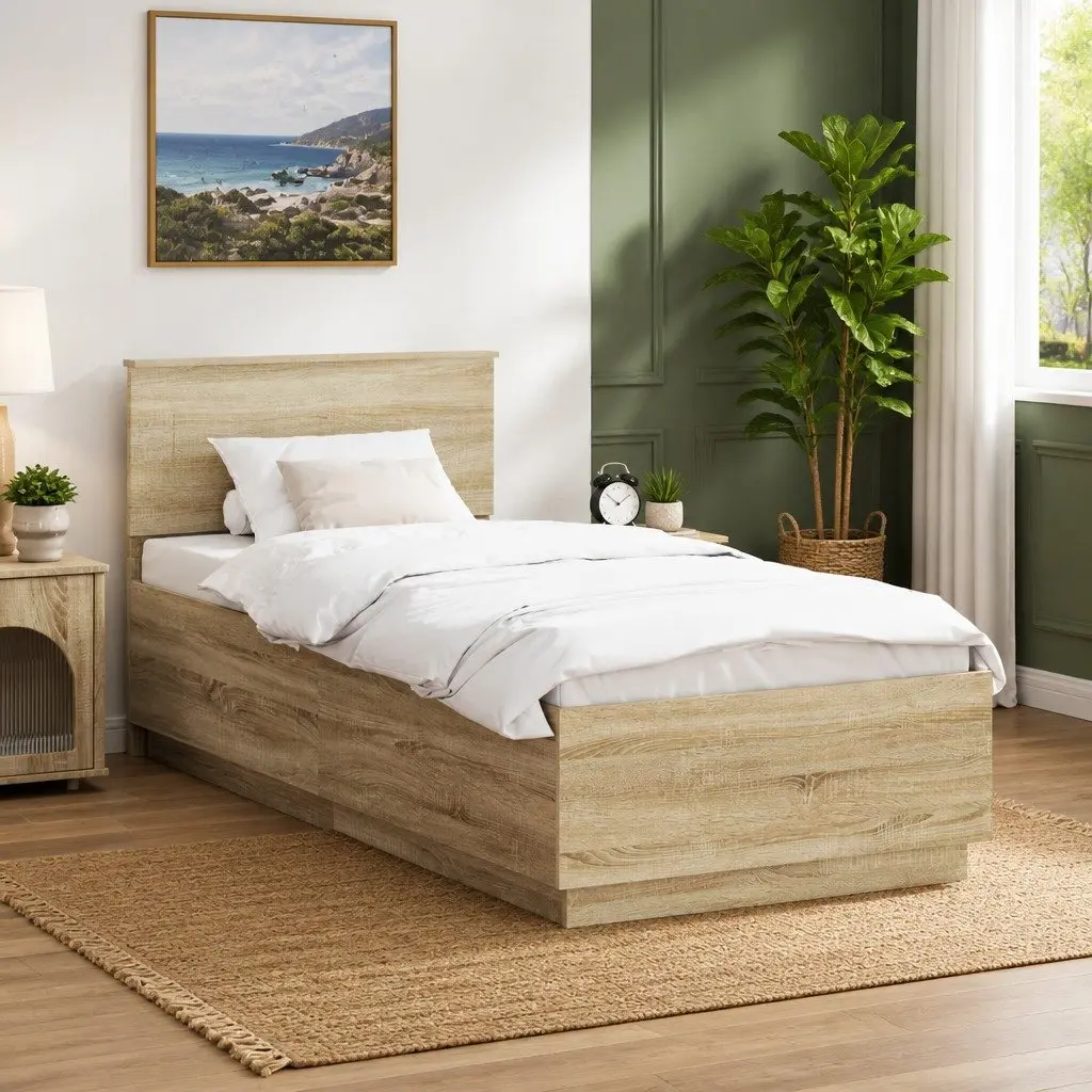 Bed Frame with Headboard LED USB Charging 90 x 190 cm Brown Engineered Wood