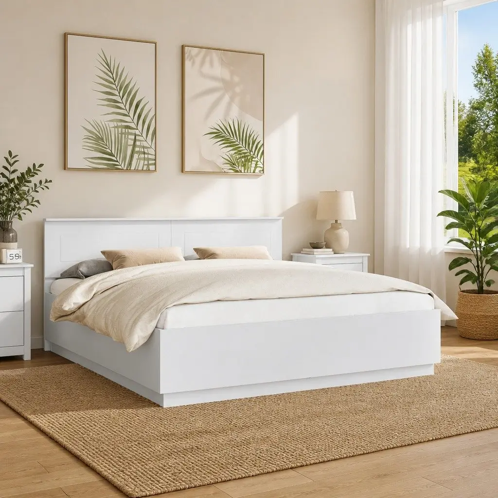 Bed Frame Wall-Mounted Headboard White 180 x 200 cm Modern