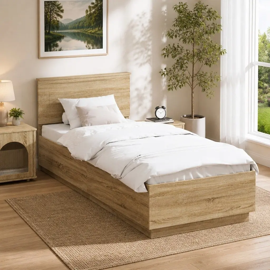 Bed Frame with Wall-mounted Headboard 90 x 190 cm Engineered Wood Brown Sonoma Oak Contemporary Minimalist Style